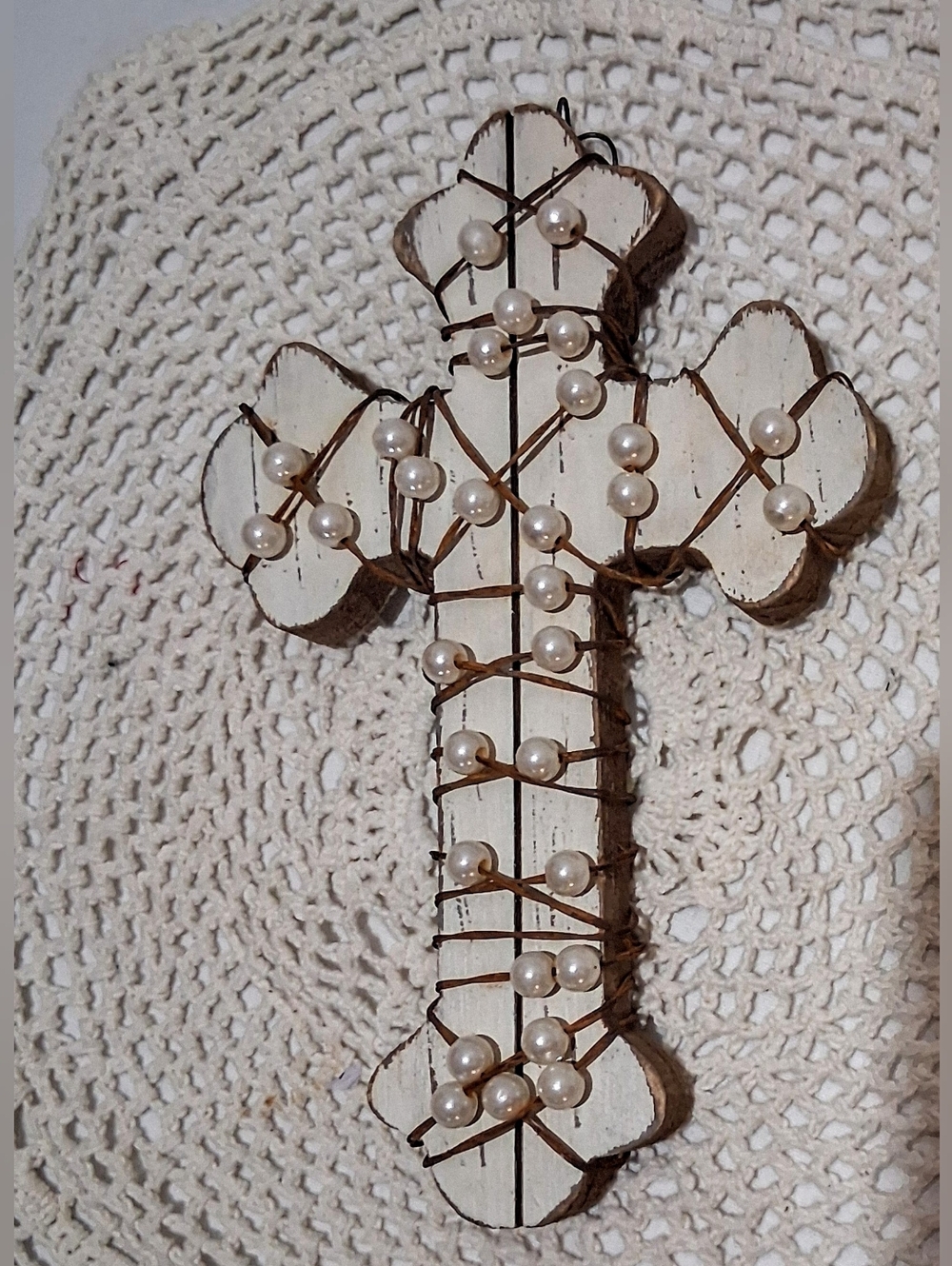 Beaded Rustic White Wooden Cross Wall Hanging - Picture 2 of 8
